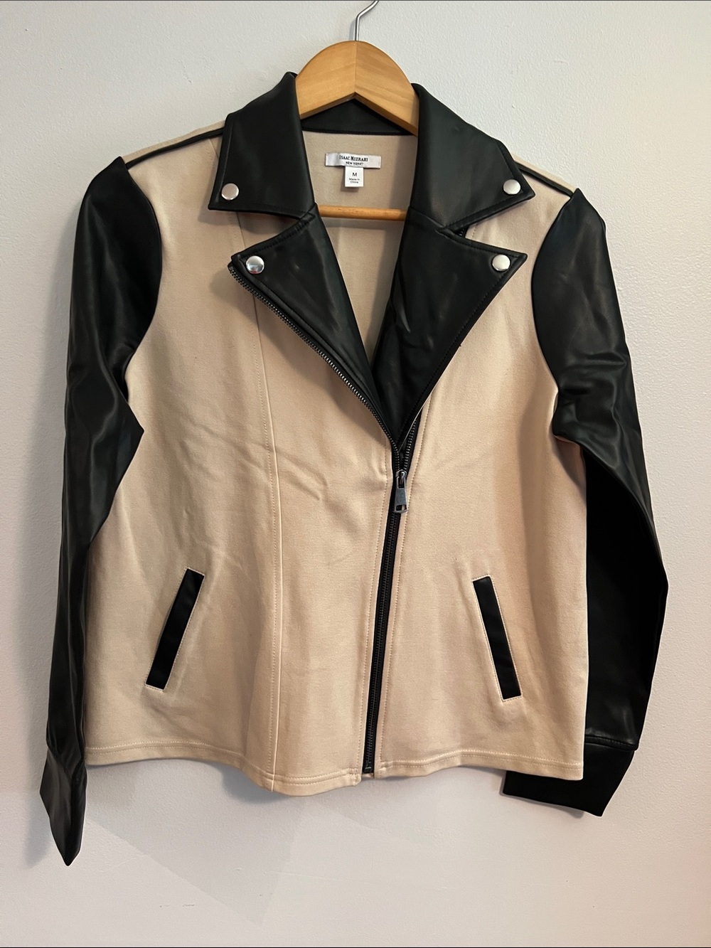 Isaac Mizrahi Black & Cream Faux Leather Moto Jacket, size medium